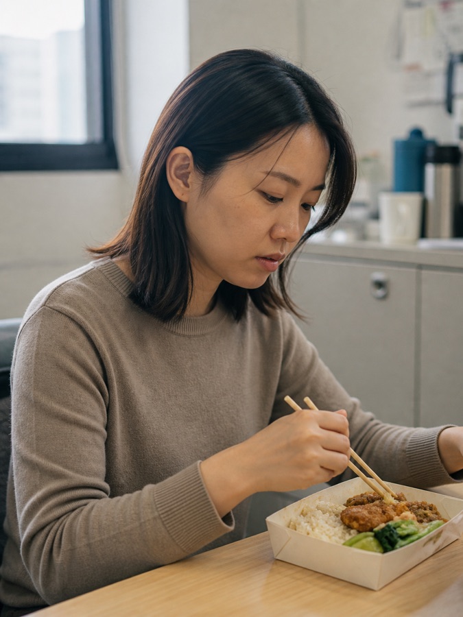 上班族女性在辦公室吃便當——這一整天都是同一個人在吃